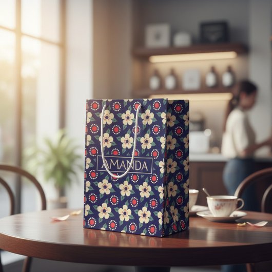 Moyen Bleu de marine avec Fleurs de crème Sac cadeau