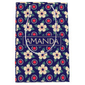 Moyen Bleu de marine avec Fleurs de crème Sac cadeau (Devant)