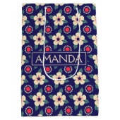 Moyen Bleu de marine avec Fleurs de crème Sac cadeau (Dos)