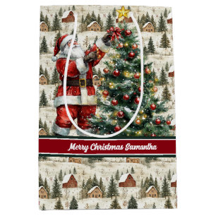 Moyen Charming Aquarelle Vintage Père Noël sac cadeau