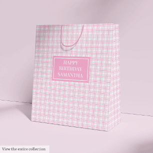 Moyen Joli sac cadeau à carreaux rose personnalisé avec