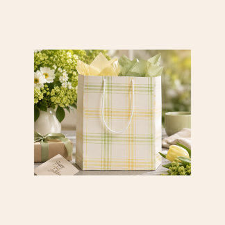 Moyen Sac cadeau à carreaux jaunes pour le printemps, l'