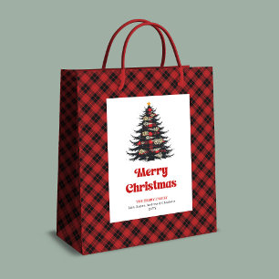 Moyen Sac cadeau arbre à carreaux rouge noir chic avec n