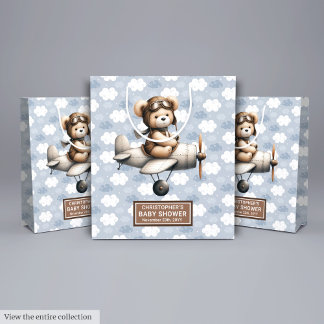 Moyen Sac Cadeau Baby shower Garçon Avec Design Ours Vol