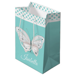 Moyen Sac Cadeau Bleu Œuf de Robin avec Papillon Blanc