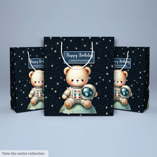 Moyen Sac cadeau d'anniversaire de l'Ours spatial pour p