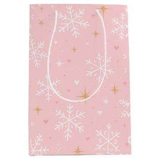 Moyen Sac cadeau de Noël à motif flocon de neige rose et