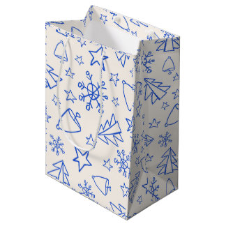 Moyen Sac Cadeau Doodle Noël Bleu