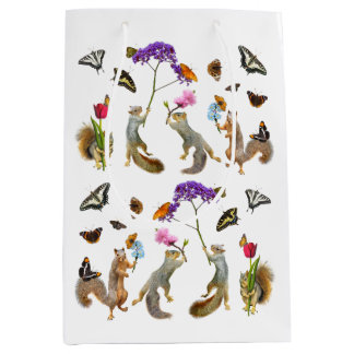 Moyen Sac cadeau écureuils, fleurs et papillons
