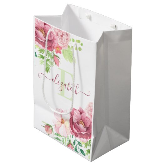 Moyen Sac cadeau floral aquarellisé avec monogramme (Devant Angle)