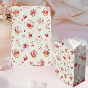 Moyen Sac Cadeau Floral Sucré aux Cerises Rose Élégant