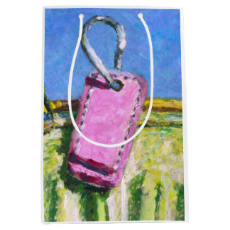 Moyen Sac cadeau moderne de paysage peint avec une étiqu