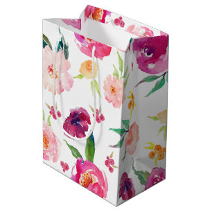 Moyen Sac cadeau Peonies d'aquarelle rose et violet