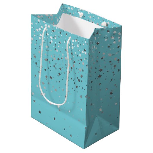 Moyen Sac cadeau Petite Silver Stars en Turquoise (Devant Angle)