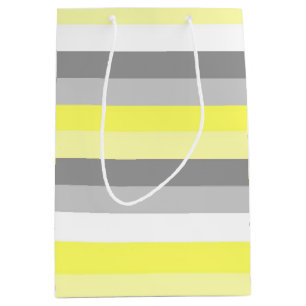 Moyen Sac cadeau rayures jaune, blanc et gris