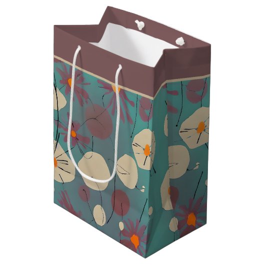 Moyen Sac cadeau rétro rose et blanc fleurs moyennes (Devant Angle)