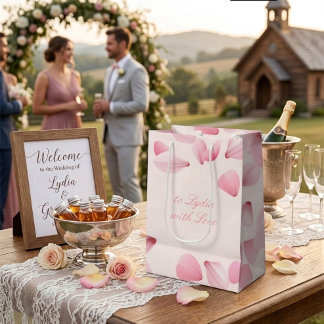 Moyen Sac de cadeau de mariage aux pétales de rose rose