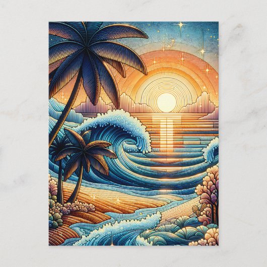 Mozaïek Ai Art | Ocean Sunset en Palm Trees Briefkaart (Voorkant)