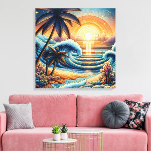 Mozaïek Ai Art Ocean Sunset en Palm Trees Canvas Afdruk
