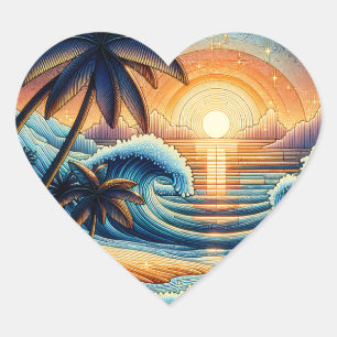 Mozaïek Ai Art   Ocean Sunset en Palm Trees Hart Sticker