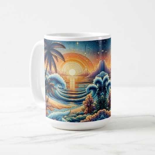 Mozaïek Ai Art | Ocean Sunset en Palm Trees Koffiemok (Voorkant links)