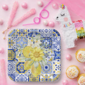 Mozaïek Bloeit In Blauw En Geel Papieren Bordje (Feest)
