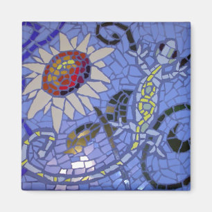 Mozaïek Gekko en Zonnebloem op Blauw Magneet