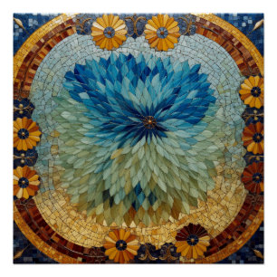 Mozaïek Groen Blauw Bloemmotief Perfect Poster
