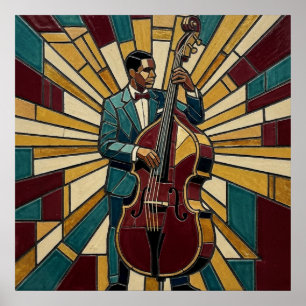 Mozaiëk Jazzbassist Poster Gebrandschilderde Muzie
