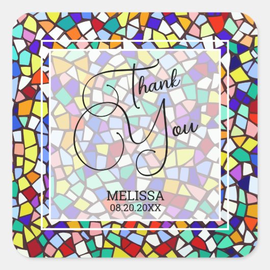 Mozaïek Kleurrijk & Plezier Dank u Vierkante Sticker (Voorkant)