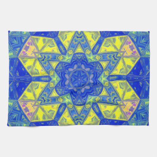 Mozaïek Mandala blauw en geel Theedoek (Horizontaal)