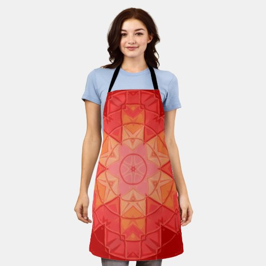 Mozaïek Mandala Bloem Rood en Sinaasappel Schort (Gedragen)