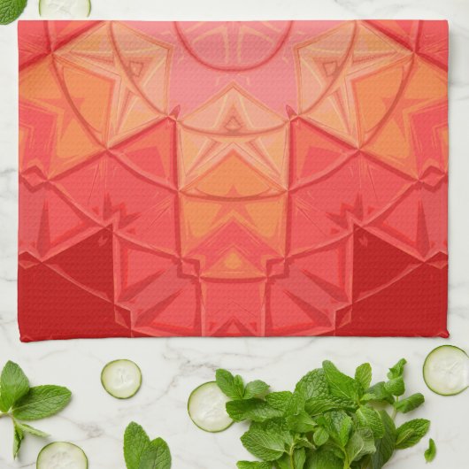 Mozaïek Mandala Bloem Rood en Sinaasappel Theedoek (Gevouwen)