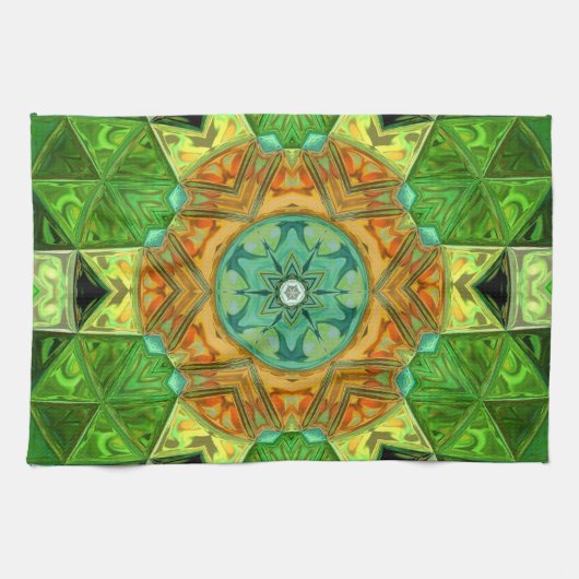 Mozaïek Mandala Sinaasappel en Groen Theedoek (Horizontaal)