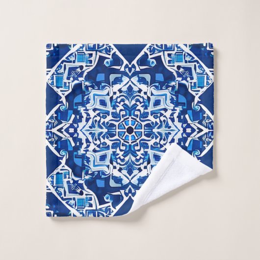 Mozaïek Patroon in Indigo en Kobalt Blauw Bad Handdoek (Wasdoekje)