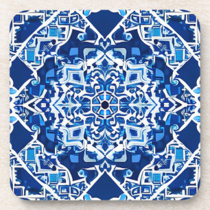 Mozaïek Patroon in Indigo en Kobalt Blauw Bier Onderzetter