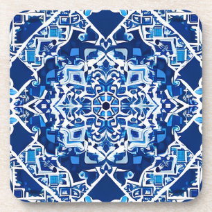 Mozaïek Patroon in Indigo en Kobalt Blauw Bier Onderzetter