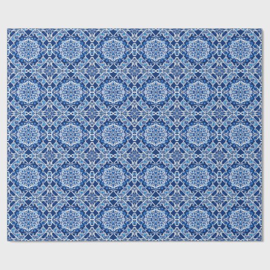 Mozaïek Patroon in Indigo en Kobalt Blauw Cadeaupapier (Vlak)