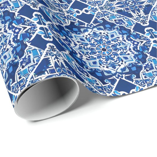 Mozaïek Patroon in Indigo en Kobalt Blauw Cadeaupapier (Rol Hoek)