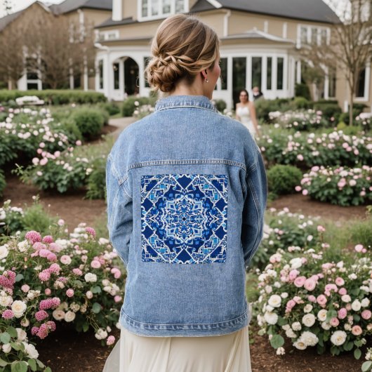 Mozaïek Patroon in Indigo en Kobalt Blauw Denim Jacket (Huwelijk Achterkant)