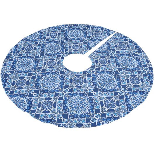 Mozaïek Patroon in Indigo en Kobalt Blauw Kerstboom Rok (Gekanteld)