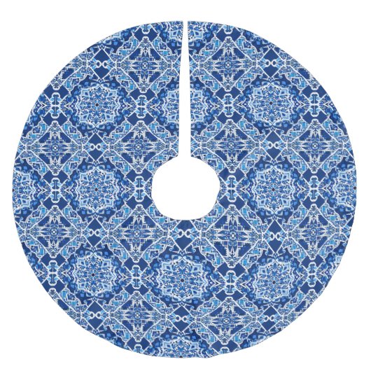 Mozaïek Patroon in Indigo en Kobalt Blauw Kerstboom Rok (Voorkant)