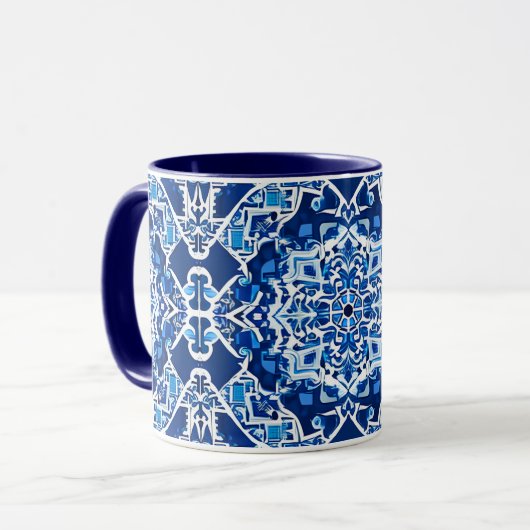 Mozaïek Patroon in Indigo en Kobalt Blauw Mok (Voorkant links)