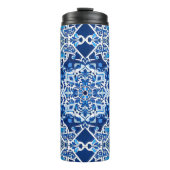 Mozaïek Patroon in Indigo en Kobalt Blauw Thermosbeker (Voorkant)
