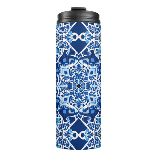 Mozaïek Patroon in Indigo en Kobalt Blauw Thermosbeker (Voorkant)