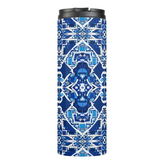 Mozaïek Patroon in Indigo en Kobalt Blauw Thermosbeker (Achterkant)