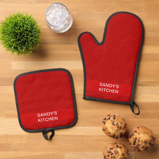 Mozaïek Solid Red Textured Pattern Ovenwant & Pannenlap Set (Top down)