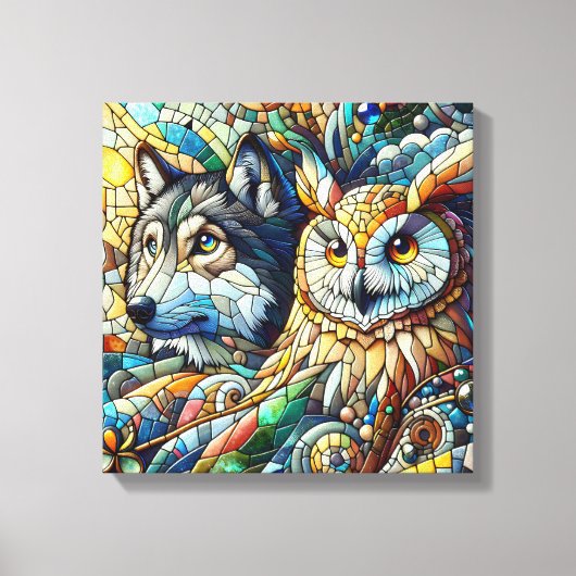 Mozaïek Tegel Wolf en Uil Canvas Afdruk (Voorkant)