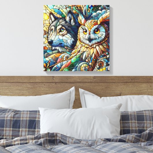 Mozaïek Tegel Wolf en Uil Canvas Afdruk (Insitu (Slaapkamer))