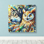 Mozaïek Tegel Wolf en Uil Canvas Afdruk (Insitu (Houten vloer))